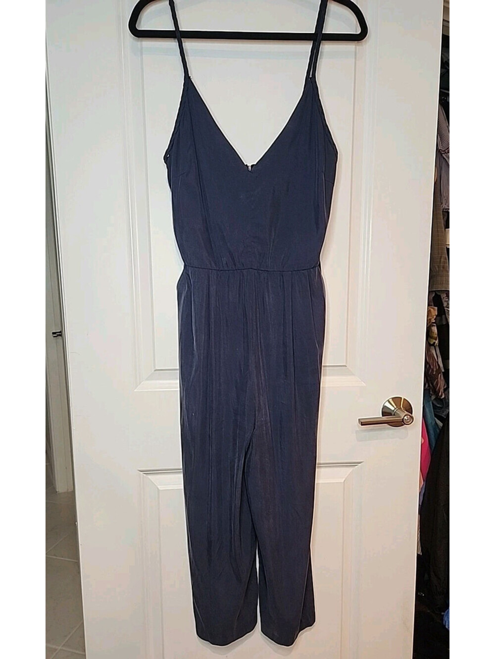 Zara Jumpsuit Silk Women’s M Navy Sleeveless V-Neck Crop Pull On Zip Pockets
